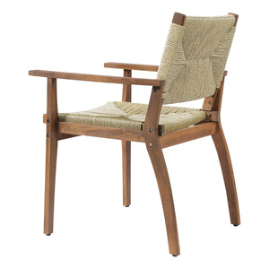 5-Piece Outdoor Dining Set: Teak Finish Round Acacia Wood Table & 4 Teak Finish Wicker Armchairs