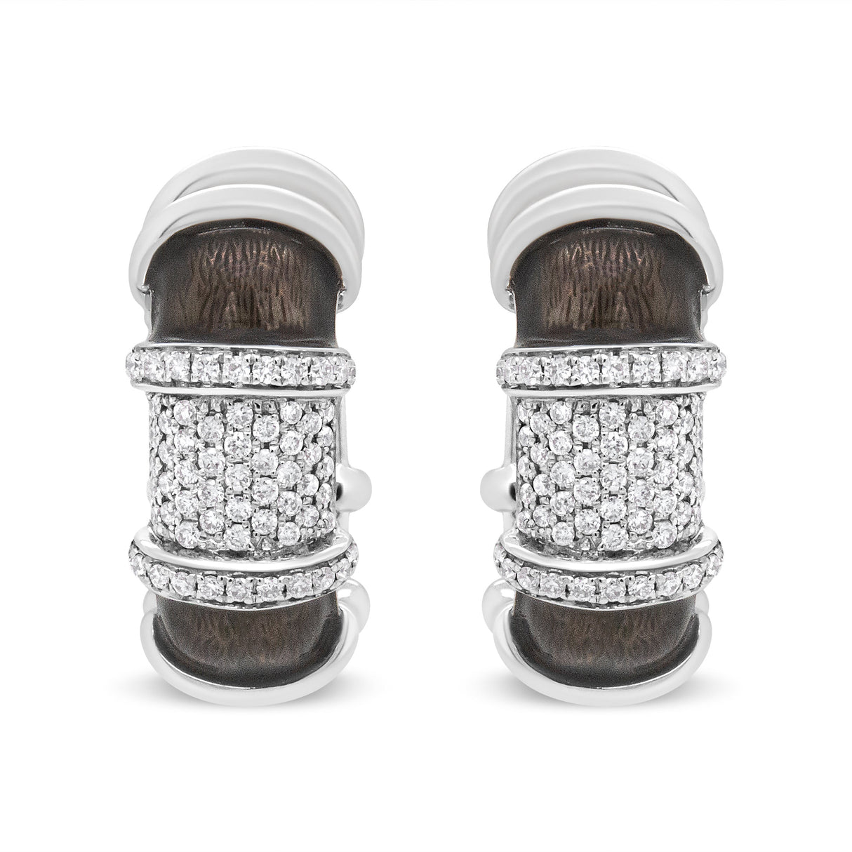 18K White Gold Flash Plated .925 Sterling Silver Clear Graphite Grey Enamel 5/8 Cttw Round Diamonds Huggie Hoop Earrings (F-G Color, VS1-VS2 Clarity)