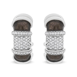 18K White Gold Flash Plated .925 Sterling Silver Clear Graphite Grey Enamel 5/8 Cttw Round Diamonds Huggie Hoop Earrings (F-G Color, VS1-VS2 Clarity)