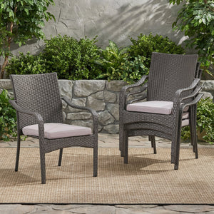Outdoor PE Rattan Stacking Chair with Iron Frame and Cushions (Set of 4)