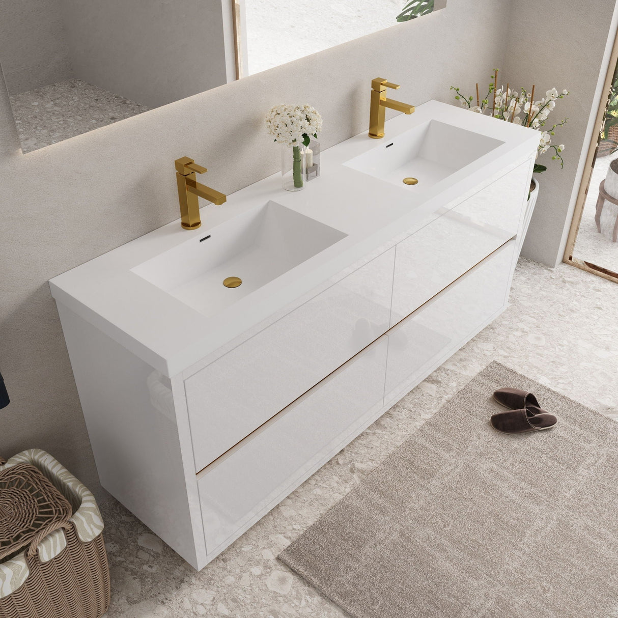 Bathin Freestanding Bathroom Vanity With Double Sinks, Bathroom Storage Vanity Cabinet With Stone Resin Countertop And Soft Close Drawers