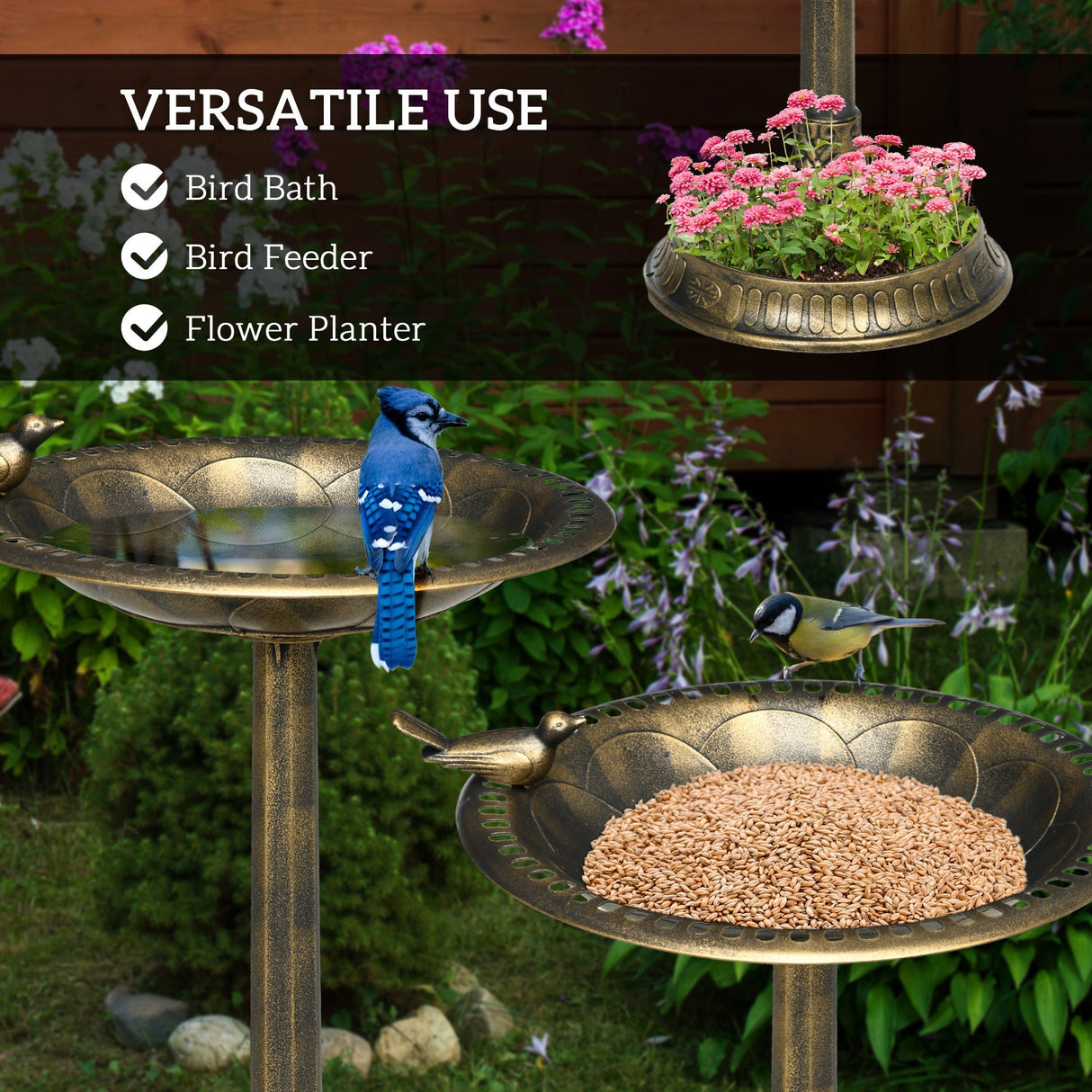 Outsunny 28' Antique Bronze Bird Bath with Pedestal Flower Planter Base