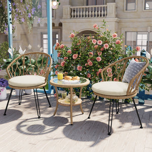 U_STYLE Outdoor Leisure Set, 2 Rattan Single Chairs with Glass Round Table