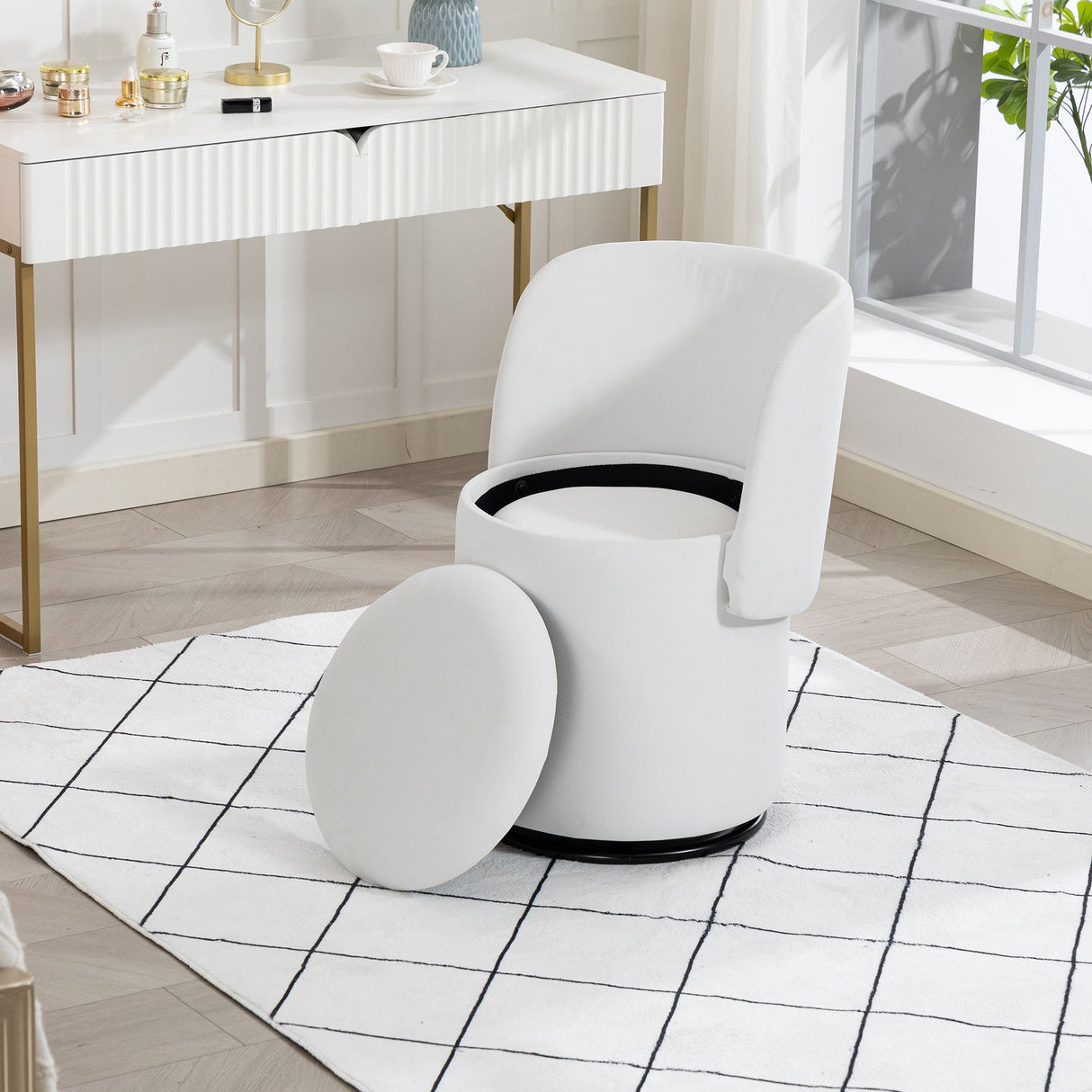 Barrel Chair With Built In Storage, 360° Swivel - Beige