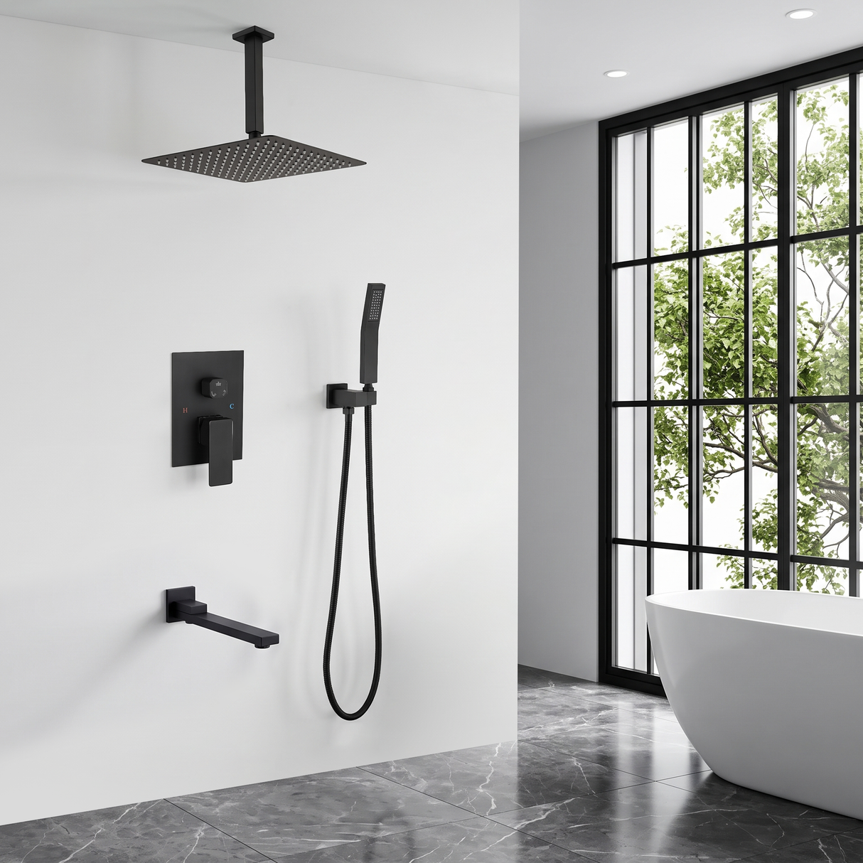 Shower System with Tub Spout and 12 Inch Shower Head