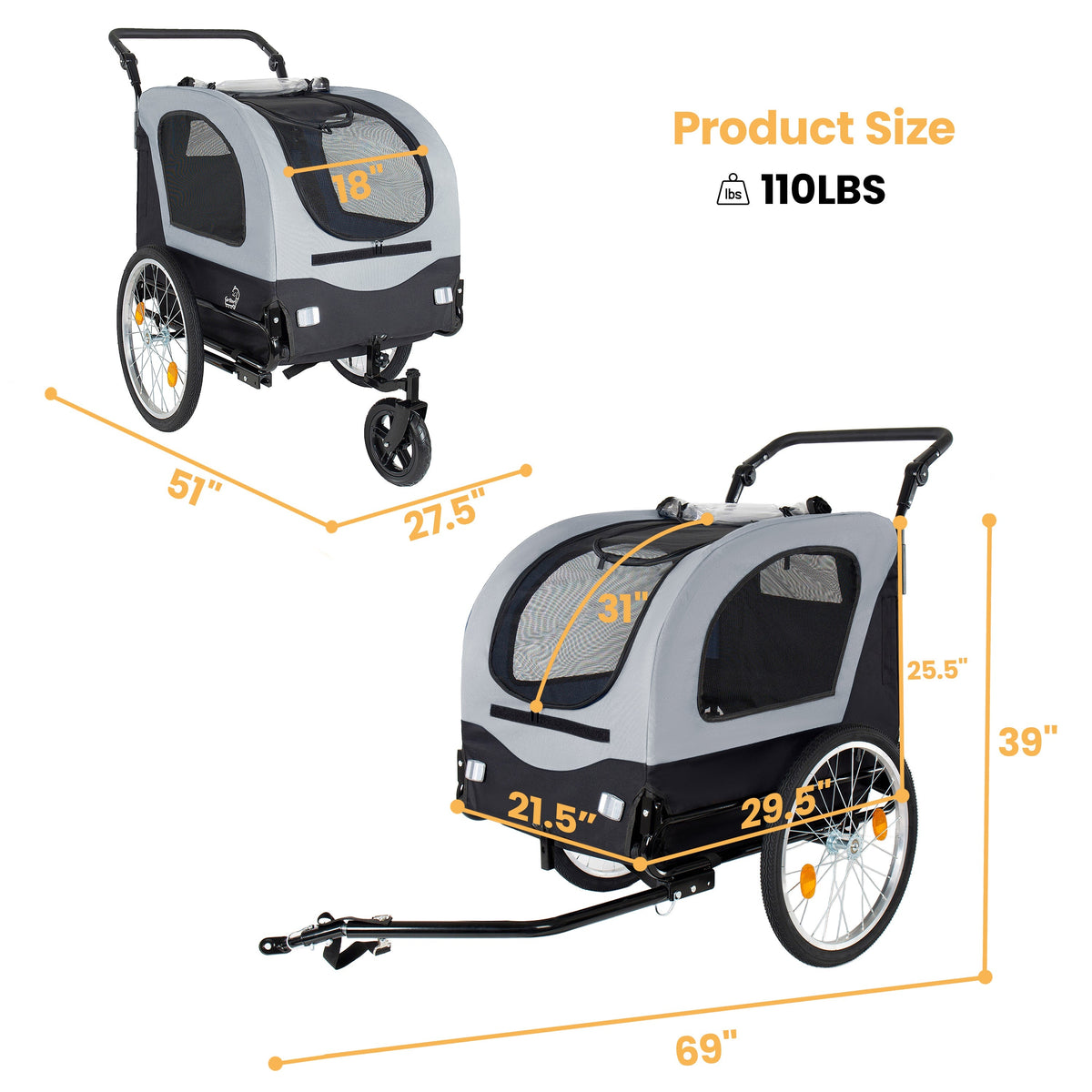 2-in-1 Bike Trailer & Pet Stroller for Dogs up to 110lbs with Weather Cover - Black, Red, or Blue
