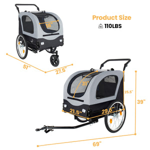 2-in-1 Bike Trailer & Pet Stroller for Dogs up to 110lbs with Weather Cover - Black, Red, or Blue