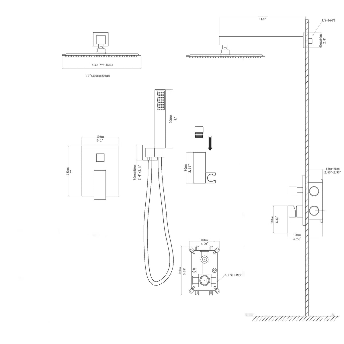 Dual Shower Head System with 12" Square Rain Shower and Valve - Black, Gray, Pearl Silver, Gold