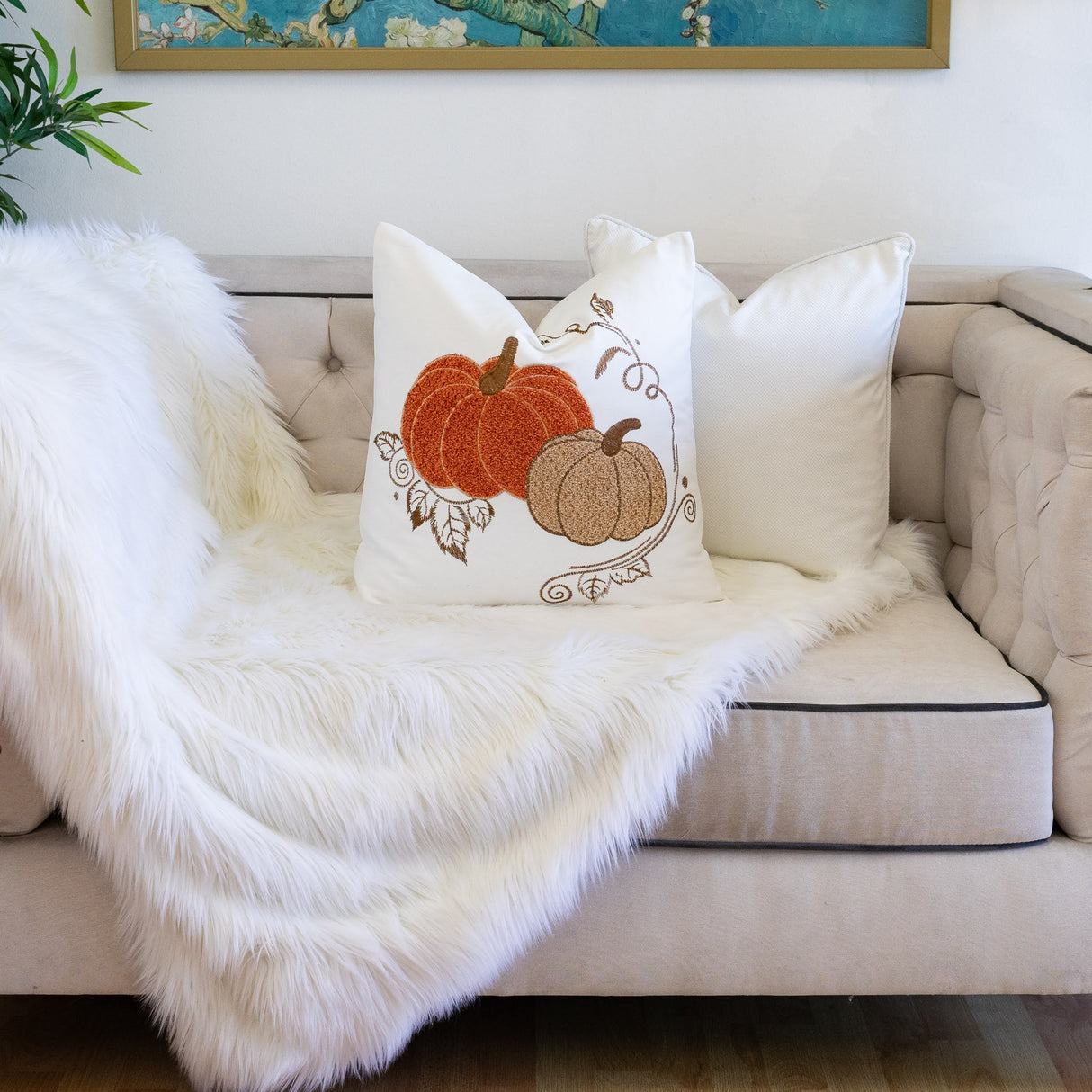 Pumpkin Embroidered Cotton Throw Pillow – Autumn Harvest Accent Cushion Set of 2