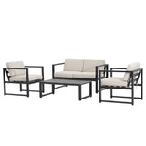 NAVAN 4 Piece Chat Set with Black Finish and Beige Cushions, Aluminum Frame, Outdoor Seating