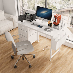 Office Desk With Power Outlet, 3 Drawers And Side Pocket For Office - White