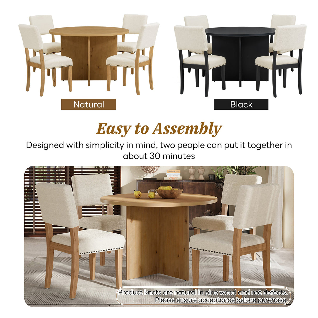 5-Piece Modern Round Dining Set with Upholstered Chairs