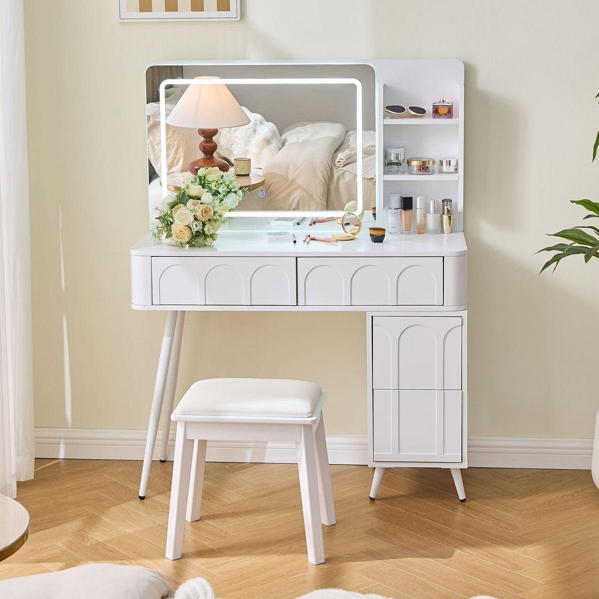 Modern Makeup Vanity Desk with LED Lights and 4 Drawers - White