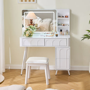 Modern Makeup Vanity Desk with LED Lights and 4 Drawers - White