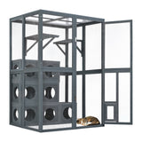 Grey Pine Wood Outdoor Cat House with Shelves and Weather Protection
