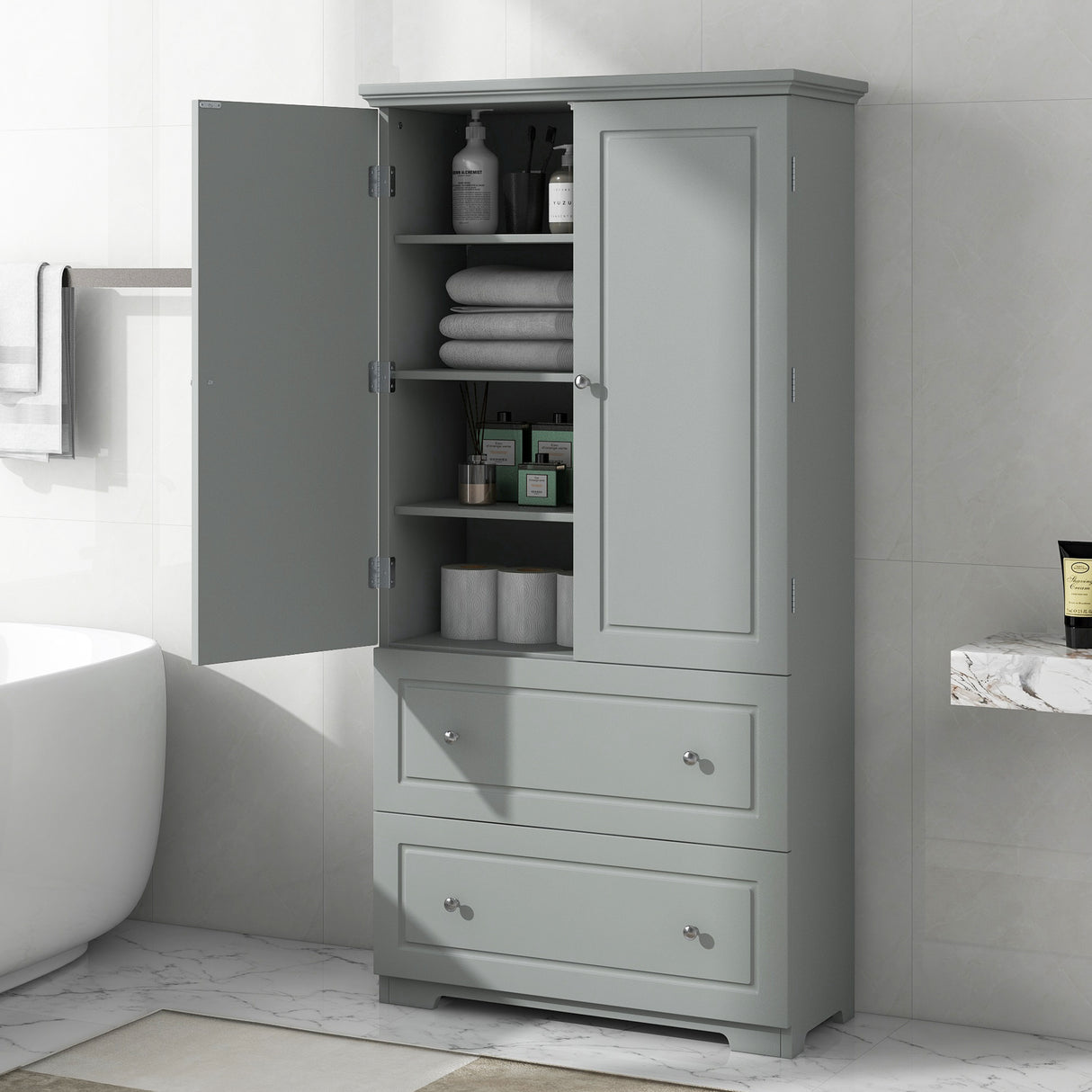 Wide Grey Bathroom Storage Cabinet with Drawers and Adjustable Shelves