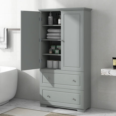 Wide Grey Bathroom Storage Cabinet with Drawers and Adjustable Shelves