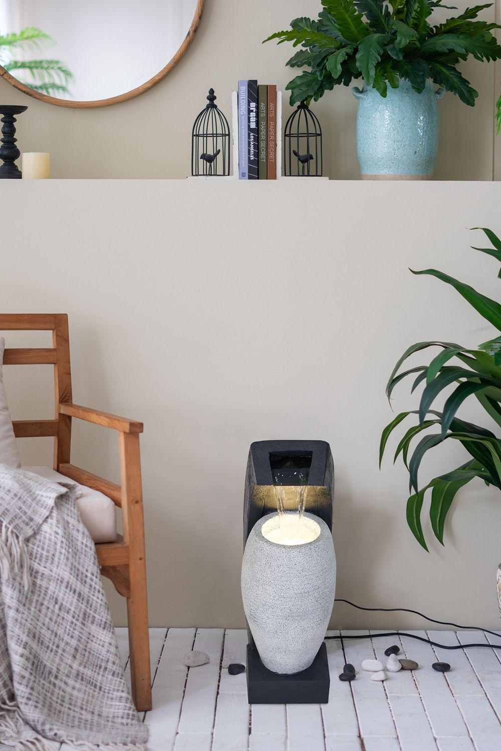 Water Fountain with Vase Design and Integrated Light & Pump - Polyresin