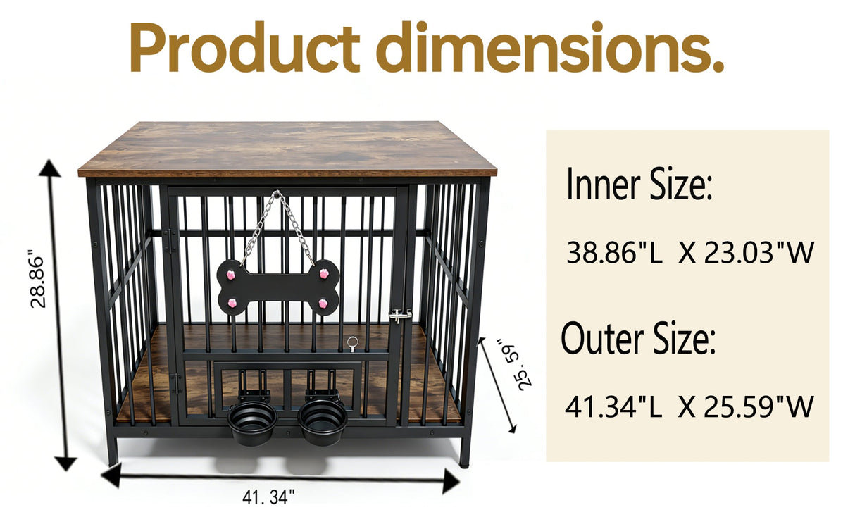 Vintage Wood Grain Dog Cage with Rotating Bowl