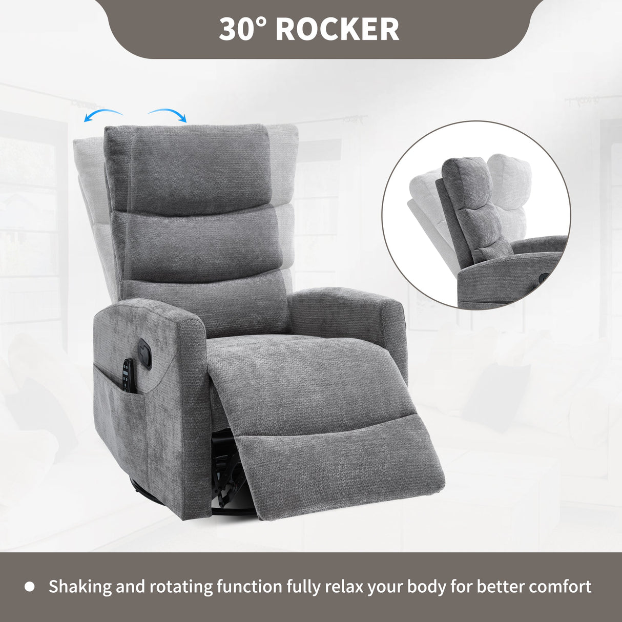 Heat Massage Manual Recliner Chair with Rocker and Swivel in Fabric