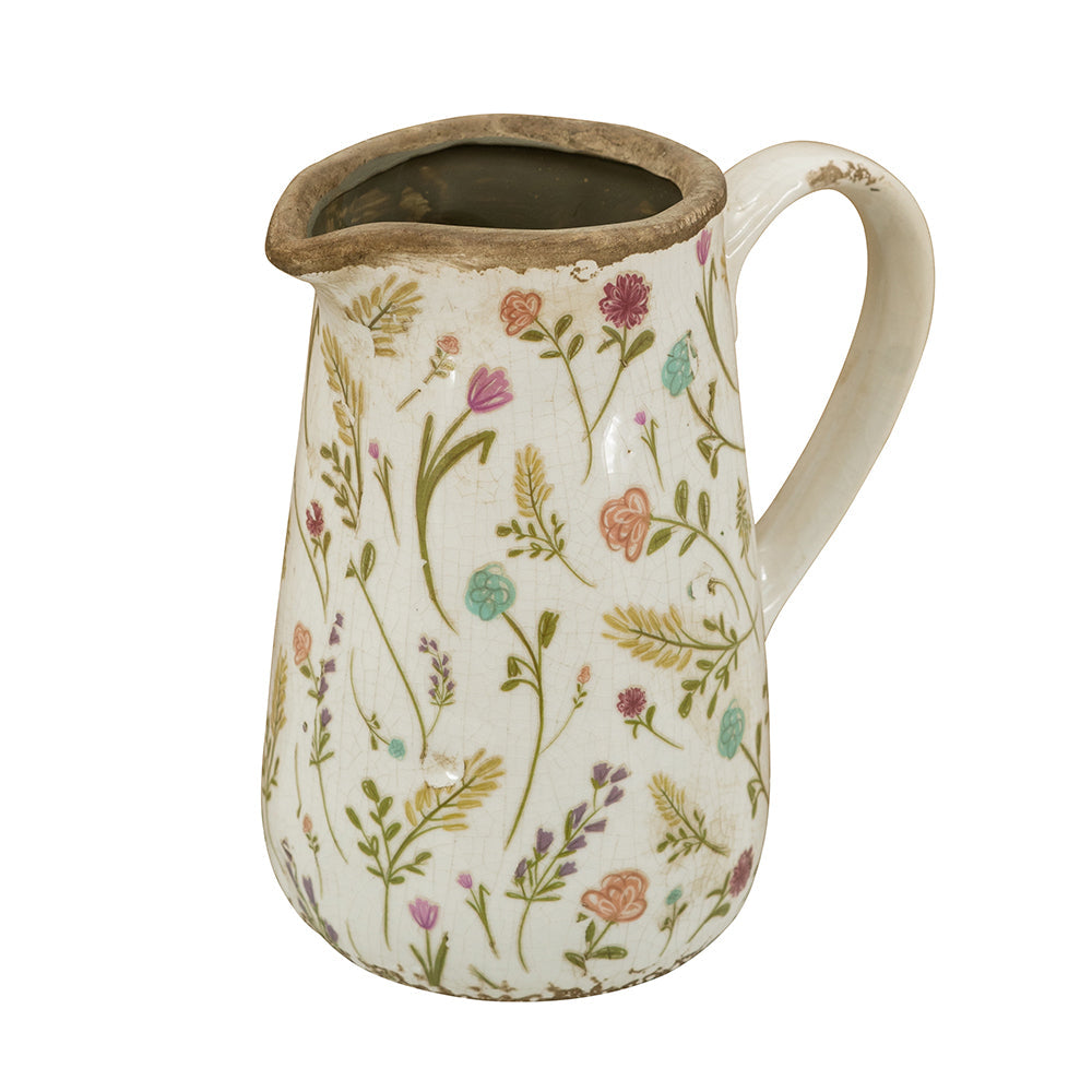 Round Ceramic Pitcher Vase with Floral Motifs - Multicolor