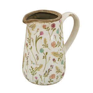 Round Ceramic Pitcher Vase with Floral Motifs - Multicolor
