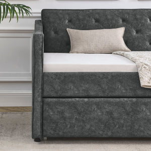 Twin Upholstered Daybed With Trundle, Waved Arms - Gray