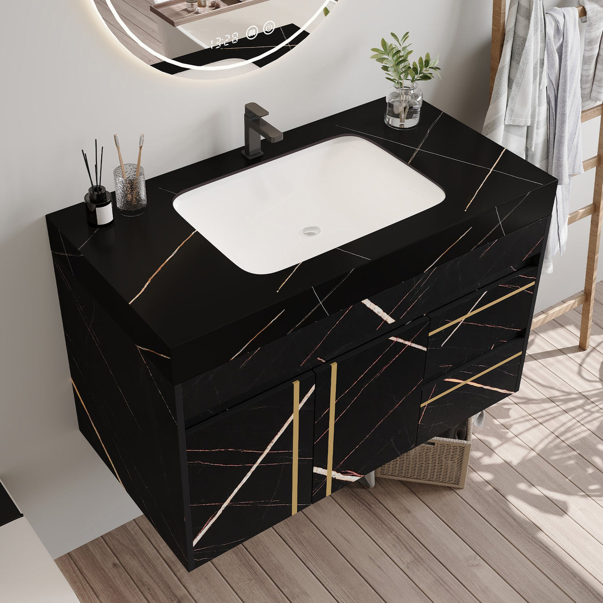 35.2 in Floating Bathroom Vanity with Sink and Faux Marble Top