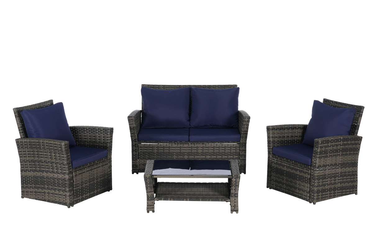 4 Pieces Outdoor Patio Furniture Set with Rattan Chairs and Tempered Glass Table