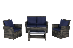 4 Pieces Outdoor Patio Furniture Set with Rattan Chairs and Tempered Glass Table