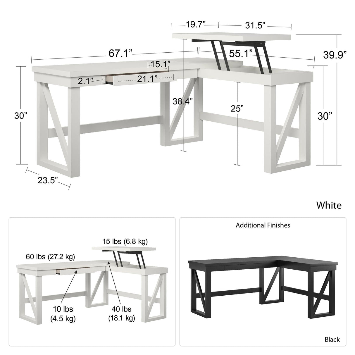 Crestwood Lift Top L Desk - Black