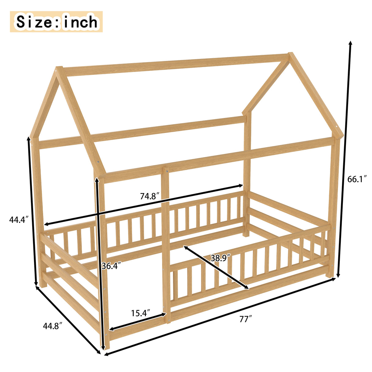 Twin Size Floor Wooden Bed with House Roof Frame, Fence Guardrails