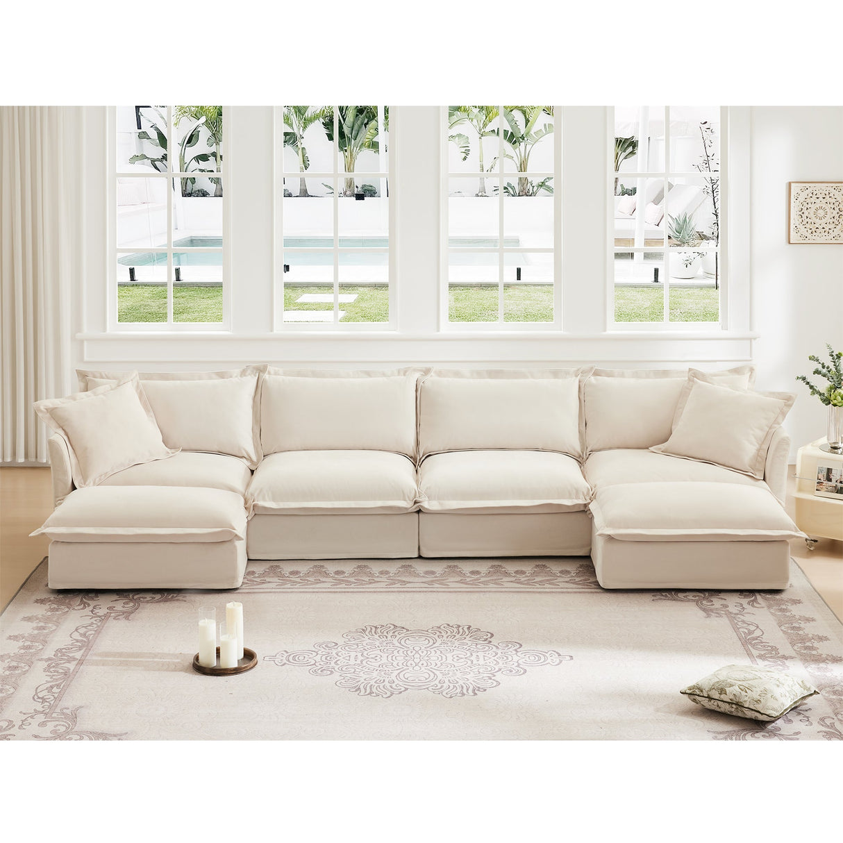 Slipcovered U Shape Sectional Wide and Deep Seat Sofa Couch