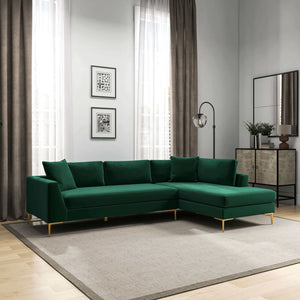 Mano L-Shaped Velvet Sectional Sofa In Green Right Facing