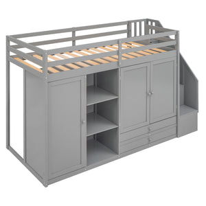Loft Bed With 3 Shelves, 2 Wardrobes, 2 Drawers, Ladder Storage