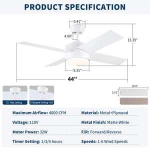 Ceiling Fan With Remote Control, Reversible DC Motor, 6 Speeds, 3 Dimmable LED, Quiet Timer For Indoor - White