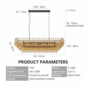 54' Black Rectangular Chandeliers for Dining Room, 12-Light 4 Tiered Large Smoke Glass Chandelier, Modern Kitchen Island Farmhouse Hanging Light Fixture for Living Room Foyer(Bulb not included)