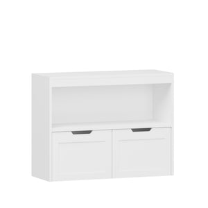 Book Organizer With Large Drawers And Open Shelves, Toy Storage Cabinet With Removable Wheels And Rounded Edges - White