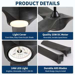 Reversible Quiet Motor Ceiling Fan Light With ABS Blades - Black / Gray