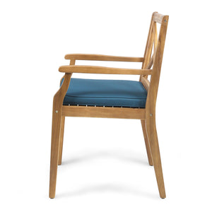 Acacia Wood Outdoor Dining Chairs with Blue Cushions - Set of 2