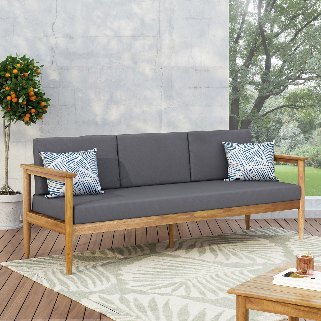 Outdoor 3-Seater Sofa with Cushion and Teak Acacia Wood - Dark Gray