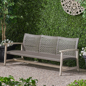 Outdoor Acacia Wood Wicker 3-Seater Sofa, Patio Furniture Conversation Set for Backyard