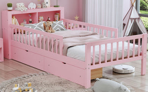 Bed With Headboard Storage Rack, 2 Under Bed Drawers, 3 Side Guardrails For Safety