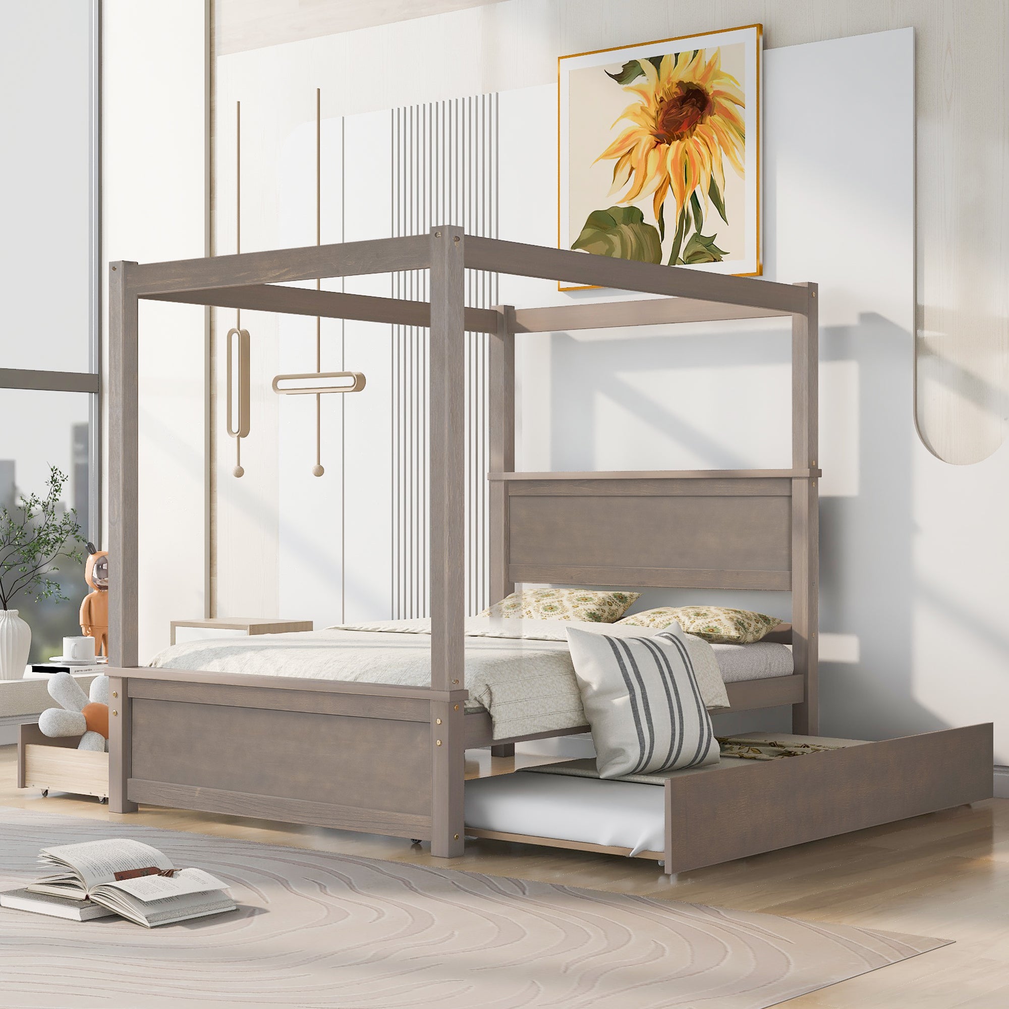 Wood-Canopy-Bed-with-Trundle-Bed-and-two-Drawers-,Full-Size-Canopy-Platform-bed--Brushed-Light-Brown-Beds-&-Bed-Frames