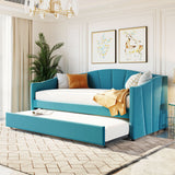 Upholstered daybed sofa bed twin size with trundle bed and wood slat ,blue