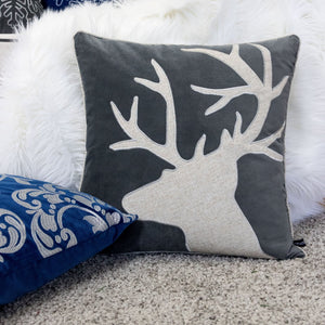 Holiday Reindeer Velvet Accent Pillow with White Appliqué - Gray and White