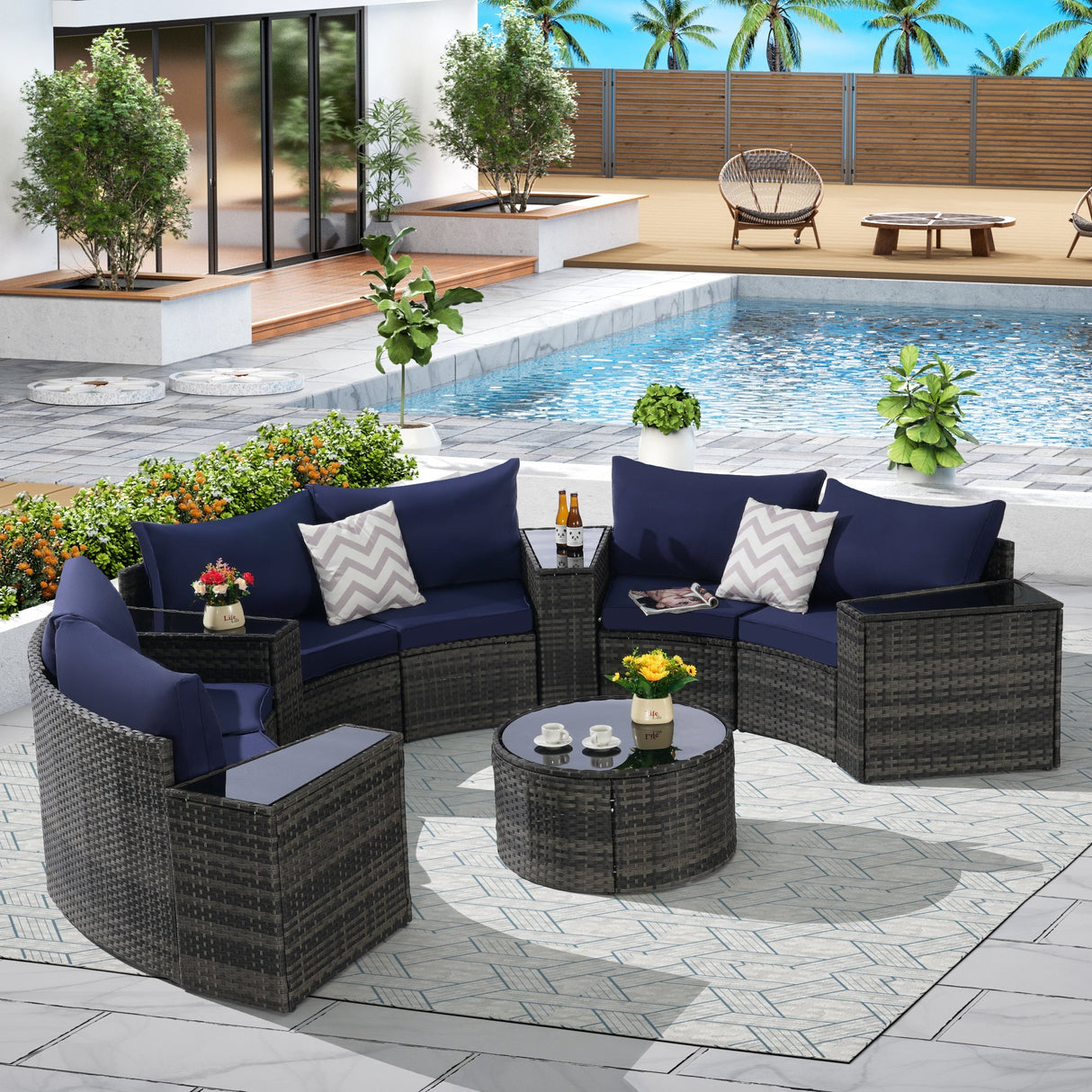 Outdoor Patio Furniture 11-Piece Half-Moon Sectional Round Patio Furniture Set