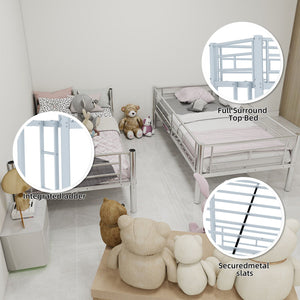 Metal Bunk Bed For Kids, Convertible Bedframe With Ladders & Guardrail