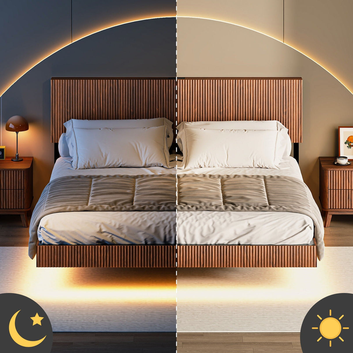 Floating Bedstead With Charging Station And LED Lights