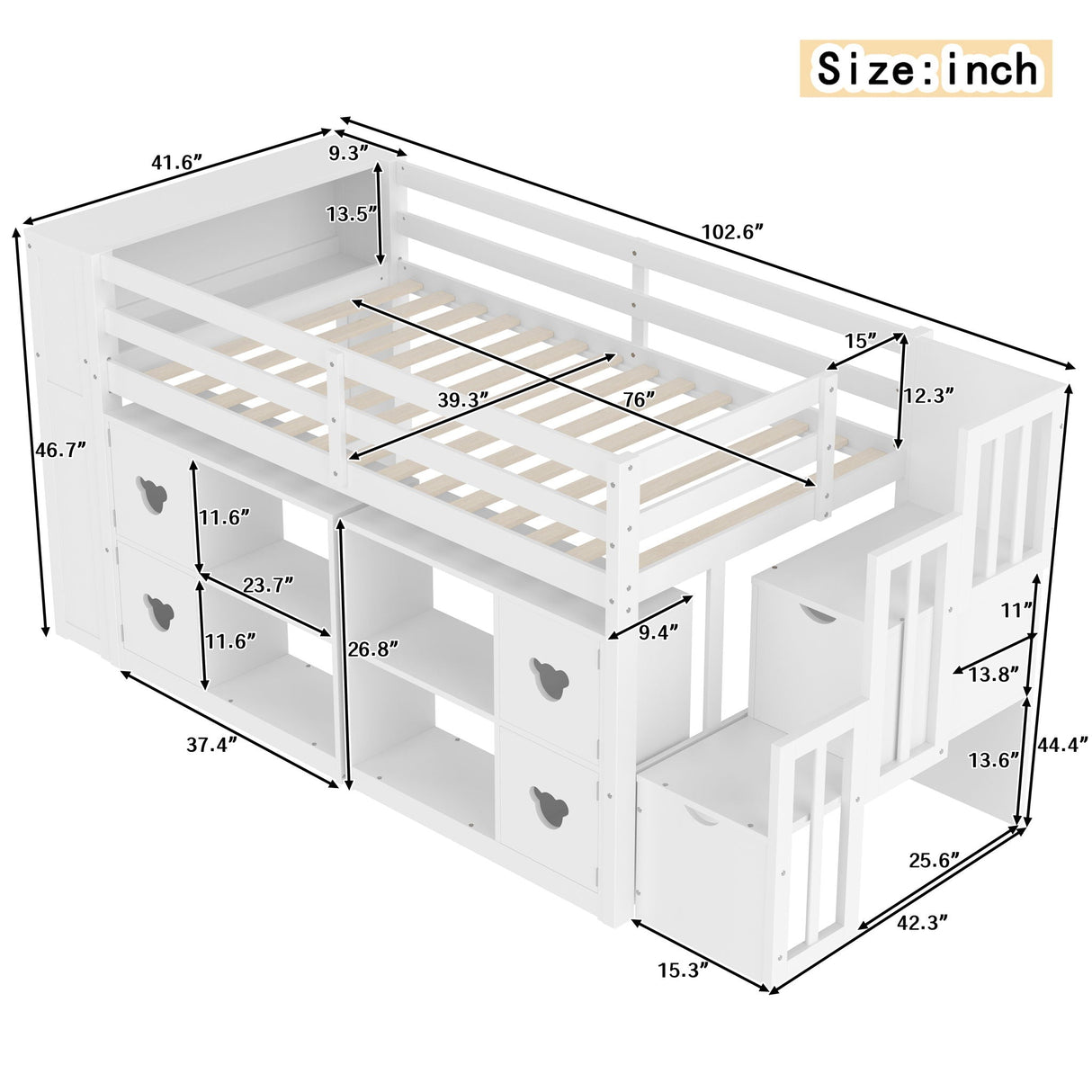 Loft Bed with Storage Cabinets, Staircase Drawers & LED Lights